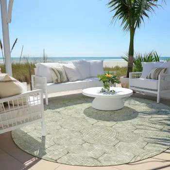 8' Artichoke Green And Ivory Round Geometric Washable Indoor Outdoor Area Rug