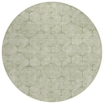 8' Artichoke Green And Ivory Round Geometric Washable Indoor Outdoor Area Rug
