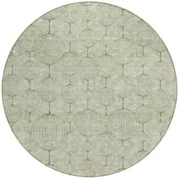 8' Artichoke Green And Ivory Round Geometric Washable Indoor Outdoor Area Rug
