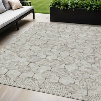 5' X 8' Beige And Brown Geometric Washable Indoor Outdoor Area Rug
