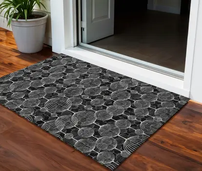3' X 5' Black Charcoal And Ivory Geometric Washable Indoor Outdoor Area Rug