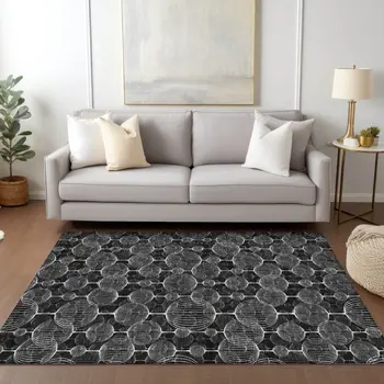 3' X 5' Black Charcoal And Ivory Geometric Washable Indoor Outdoor Area Rug