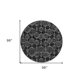 8' Black Charcoal And Ivory Round Geometric Washable Indoor Outdoor Area Rug