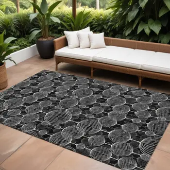 9' X 12' Black Charcoal And Ivory Geometric Washable Indoor Outdoor Area Rug