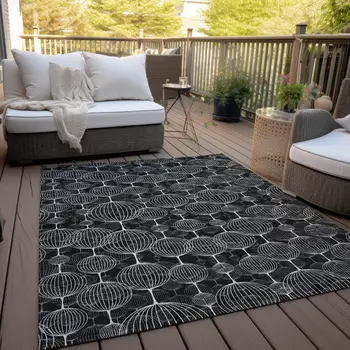 9' X 12' Black Charcoal And Ivory Geometric Washable Indoor Outdoor Area Rug