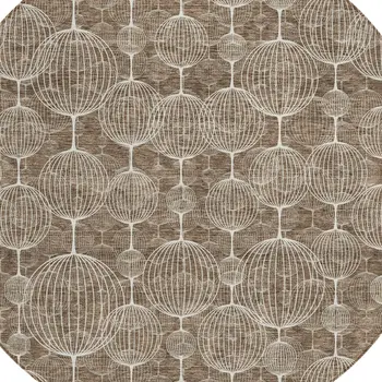 8' Chocolate And Beige Round Geometric Washable Indoor Outdoor Area Rug