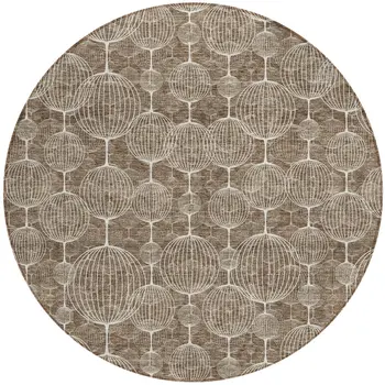 8' Chocolate And Beige Round Geometric Washable Indoor Outdoor Area Rug