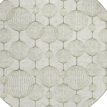 8' Green And Beige Round Geometric Washable Indoor Outdoor Area Rug