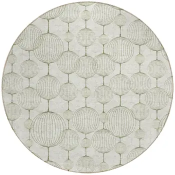 8' Green And Beige Round Geometric Washable Indoor Outdoor Area Rug
