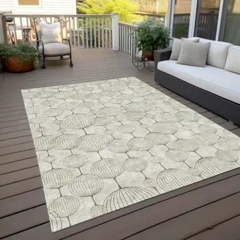 10' X 14' Green And Beige Geometric Washable Indoor Outdoor Area Rug