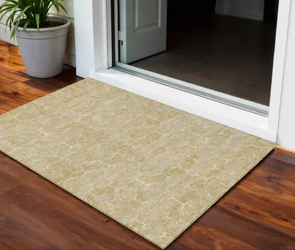 3' X 5' Gold Ivory And Beige Geometric Washable Indoor Outdoor Area Rug