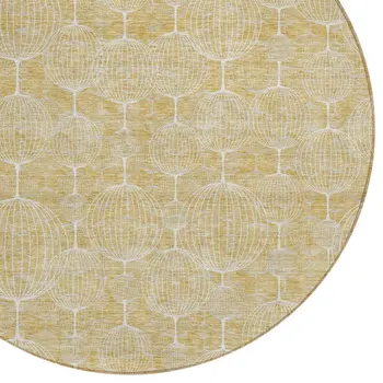 8' Gold Ivory And Beige Round Geometric Washable Indoor Outdoor Area Rug