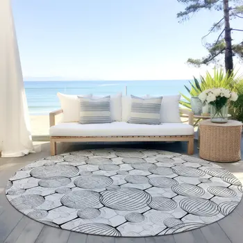 8' White Gray And Silver Round Geometric Washable Indoor Outdoor Area Rug