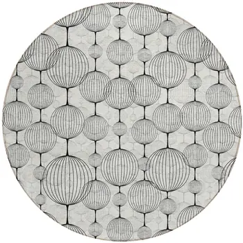 8' White Gray And Silver Round Geometric Washable Indoor Outdoor Area Rug