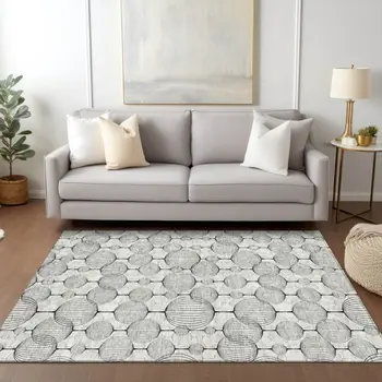 8' X 10' White Gray And Silver Geometric Washable Indoor Outdoor Area Rug