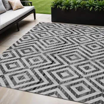 5' X 8' Black Gray And Silver Geometric Washable Indoor Outdoor Area Rug