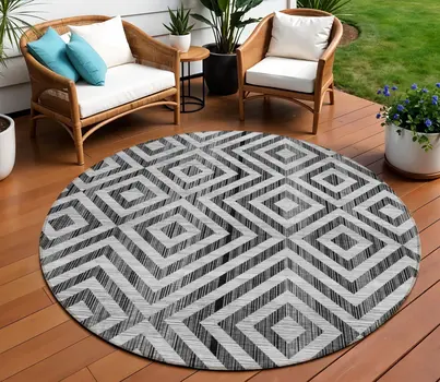 8' Black Gray And Silver Round Geometric Washable Indoor Outdoor Area Rug