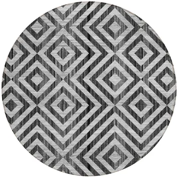 8' Black Gray And Silver Round Geometric Washable Indoor Outdoor Area Rug