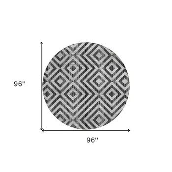 8' Black Gray And Silver Round Geometric Washable Indoor Outdoor Area Rug