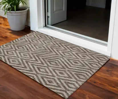 3' X 5' Brown Taupe And Beige Geometric Washable Indoor Outdoor Area Rug