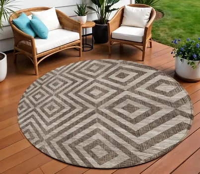 8' Brown Taupe And Beige Round Geometric Washable Indoor Outdoor Area Rug