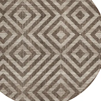 8' Brown Taupe And Beige Round Geometric Washable Indoor Outdoor Area Rug