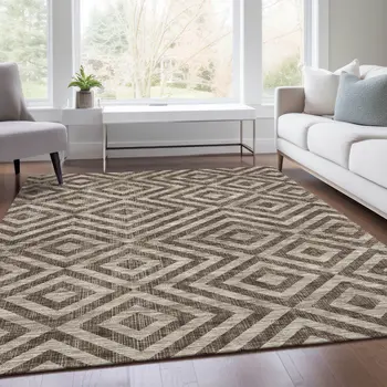 9' X 12' Brown Taupe And Beige Geometric Washable Indoor Outdoor Area Rug
