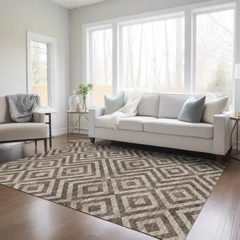 9' X 12' Brown Taupe And Beige Geometric Washable Indoor Outdoor Area Rug