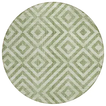 8' Green And Beige Round Geometric Washable Indoor Outdoor Area Rug