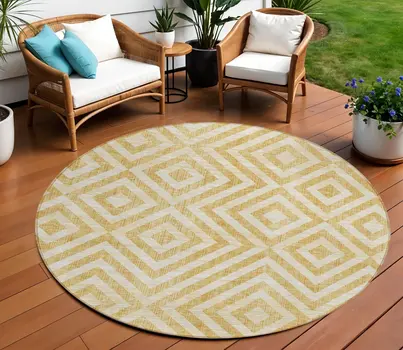 8' Gold Beige And Ivory Round Geometric Washable Indoor Outdoor Area Rug
