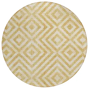 8' Gold Beige And Ivory Round Geometric Washable Indoor Outdoor Area Rug