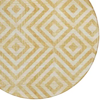 8' Gold Beige And Ivory Round Geometric Washable Indoor Outdoor Area Rug