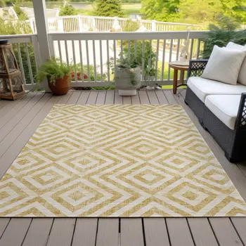 10' X 14' Gold Beige And Ivory Geometric Washable Indoor Outdoor Area Rug