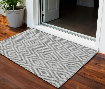 3' X 5' Gray Silver And Ivory Geometric Washable Indoor Outdoor Area Rug