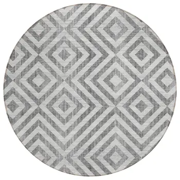 8' Gray Silver And Ivory Round Geometric Washable Indoor Outdoor Area Rug