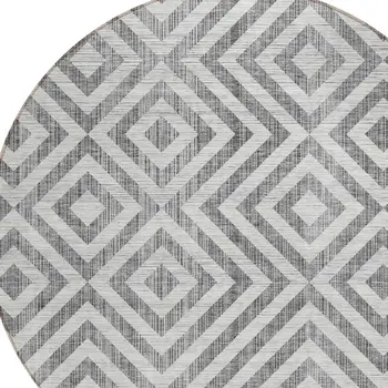 8' Gray Silver And Ivory Round Geometric Washable Indoor Outdoor Area Rug