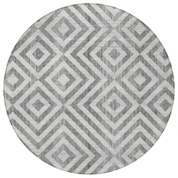 8' Gray Silver And Ivory Round Geometric Washable Indoor Outdoor Area Rug