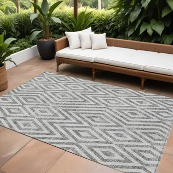 9' X 12' Gray Silver And Ivory Geometric Washable Indoor Outdoor Area Rug