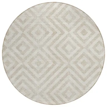 8' Ivory And Beige Round Geometric Washable Indoor Outdoor Area Rug