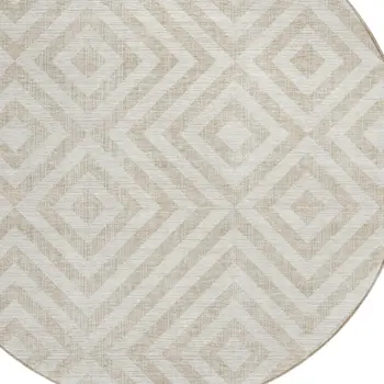 8' Ivory And Beige Round Geometric Washable Indoor Outdoor Area Rug