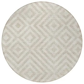 8' Ivory And Beige Round Geometric Washable Indoor Outdoor Area Rug