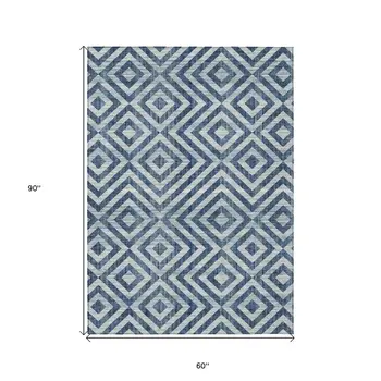 5' X 8' Navy Blue And Ivory Geometric Washable Indoor Outdoor Area Rug