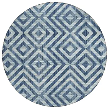 8' Navy Blue And Ivory Round Geometric Washable Indoor Outdoor Area Rug