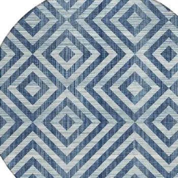 8' Navy Blue And Ivory Round Geometric Washable Indoor Outdoor Area Rug