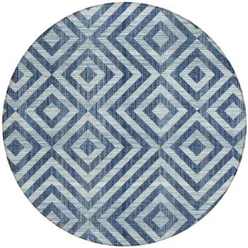 8' Navy Blue And Ivory Round Geometric Washable Indoor Outdoor Area Rug