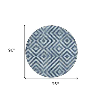 8' Navy Blue And Ivory Round Geometric Washable Indoor Outdoor Area Rug