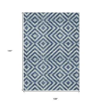 9' X 12' Navy Blue And Ivory Geometric Washable Indoor Outdoor Area Rug