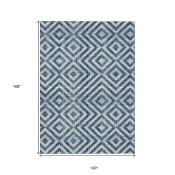 10' X 14' Navy Blue And Ivory Geometric Washable Indoor Outdoor Area Rug