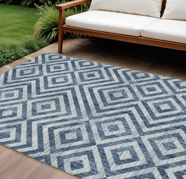 10' X 14' Navy Blue And Ivory Geometric Washable Indoor Outdoor Area Rug