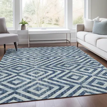 10' X 14' Navy Blue And Ivory Geometric Washable Indoor Outdoor Area Rug
